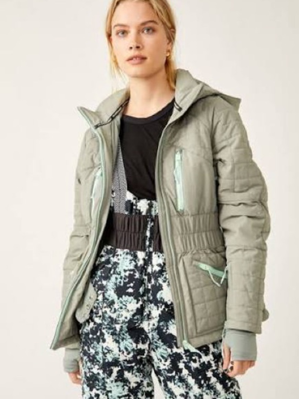 FP Movement by Free People Sage Green Quilted Ski Jacket with Mint Trim